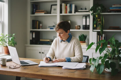 Femme d'environ 40 ans signant des documents d'assurance santé dans un bureau
