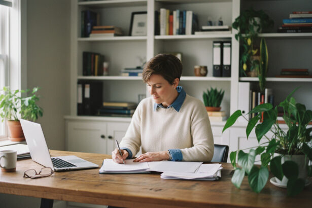 Femme d'environ 40 ans signant des documents d'assurance santé dans un bureau
