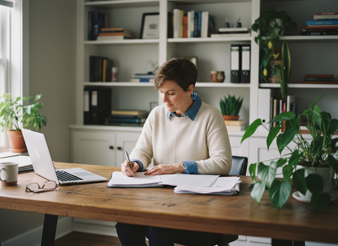 Femme d'environ 40 ans signant des documents d'assurance santé dans un bureau