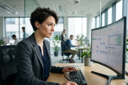 Femme d affaires concentrée devant un écran de travail