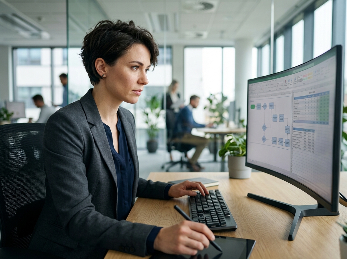 Femme d affaires concentrée devant un écran de travail