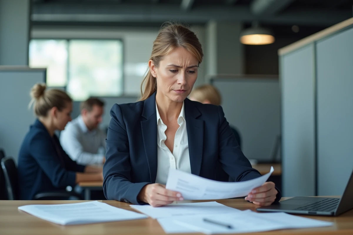 Femme cadre examinant des documents administratifs liés au Conseil de Sécurité Professionnelle en 2026