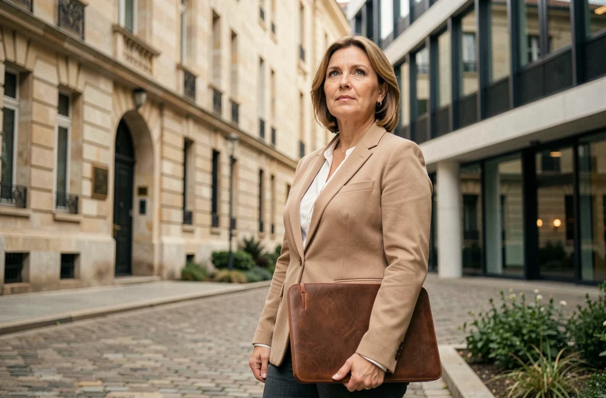 Une femme cadre indépendante devant un immeuble de bureaux à Orléans, symbolisant le choix d'une société de portage salarial
