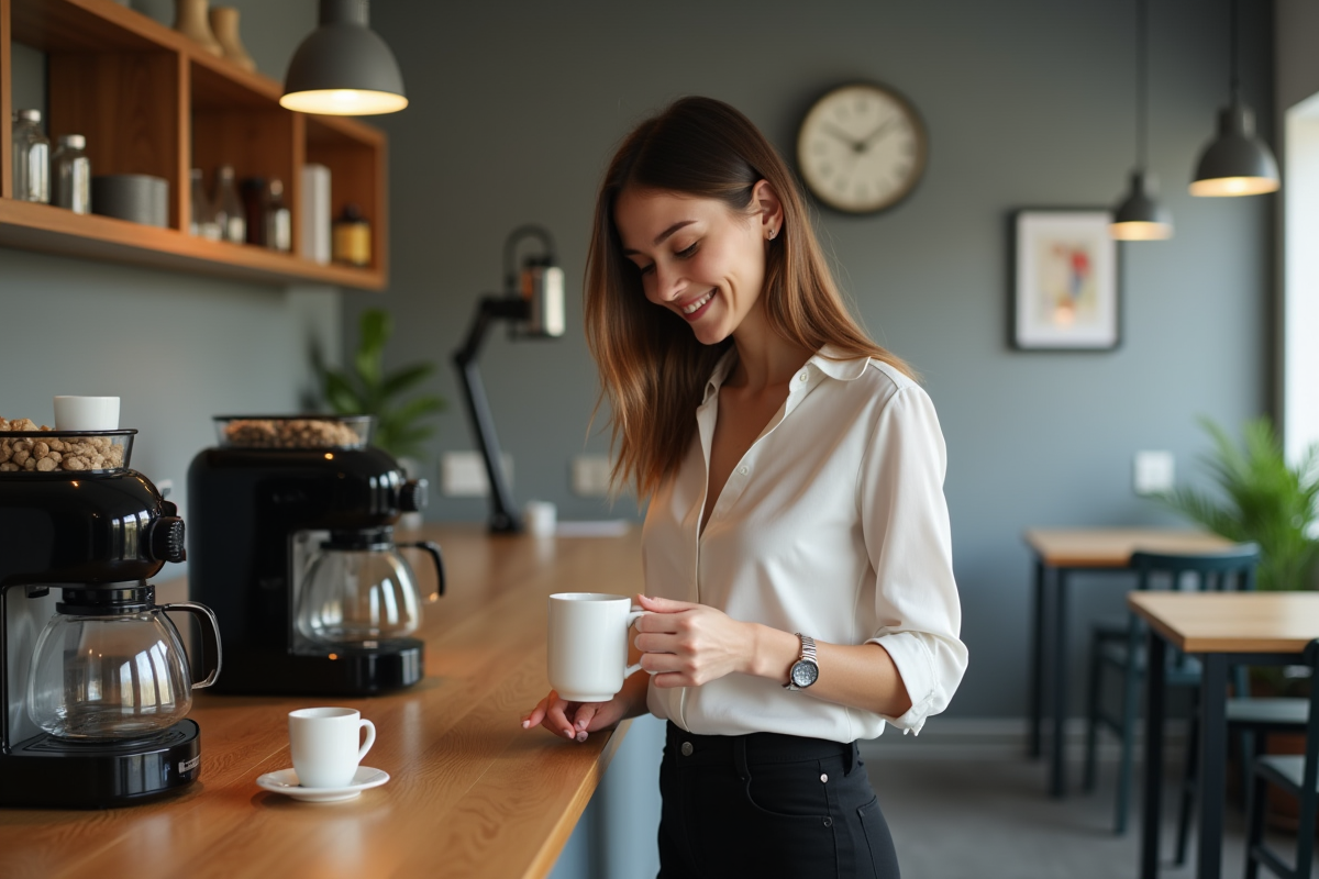 Jeune femme versant du cafe dans une tasse au bureau