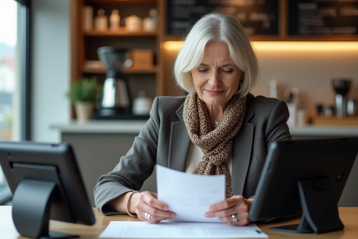 Femme vérifiant des reçus avec des tablettes dans un café