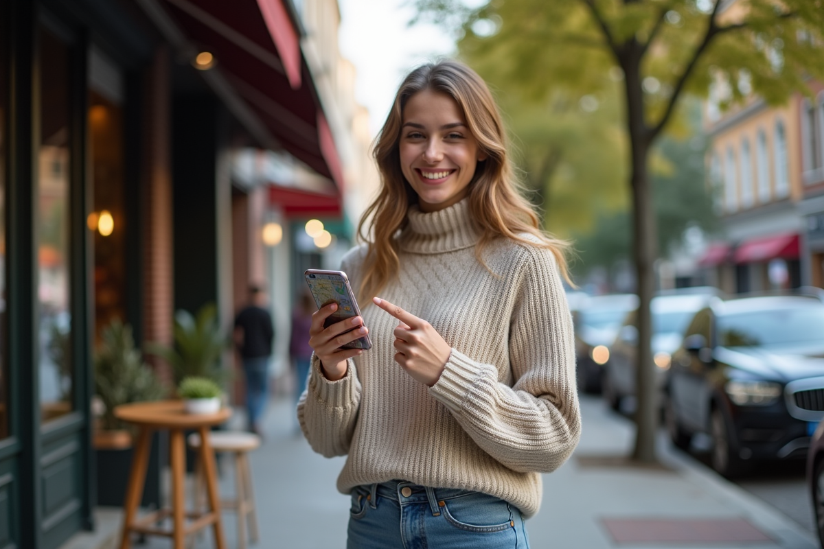 Jeune femme souriante avec smartphone devant un café urbain