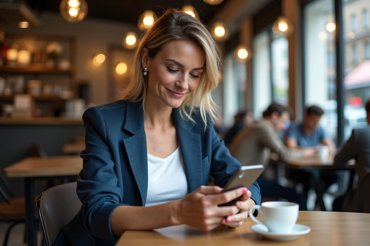 Femme entrepreneure dans un café vérifiant son smartphone