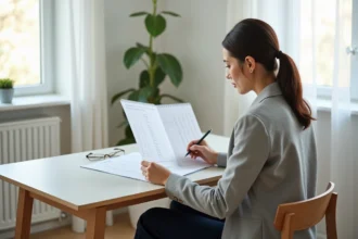Femme analysant un calendrier annuel 2026 pour planifier ses jours travaillés et son équilibre vie pro/perso