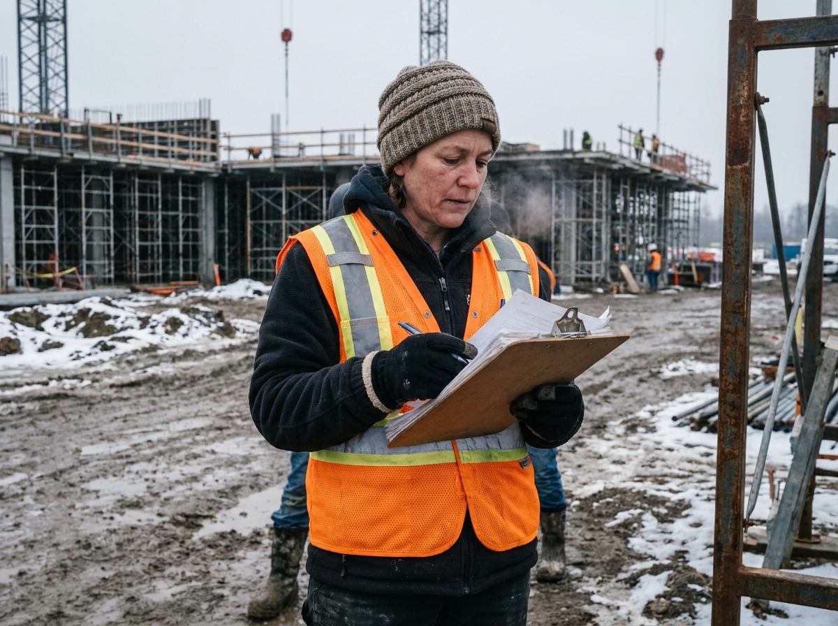 Femme cheffe de chantier avec gants thermiques et gilet haute visibilité travaillant dehors en hiver