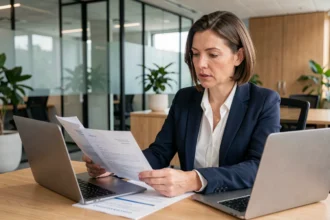 Femme professionnelle comparant des contrats de portage salarial dans un bureau moderne