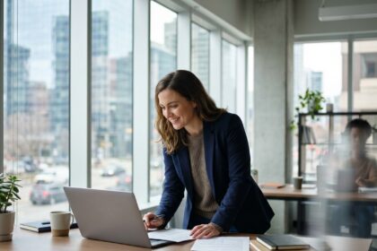 Femme confiante au bureau en tenue smartcasual