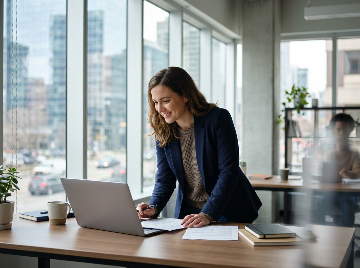 Femme confiante au bureau en tenue smartcasual
