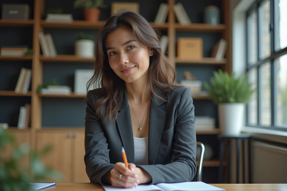 Femme confiante en bureau moderne en tenue casual