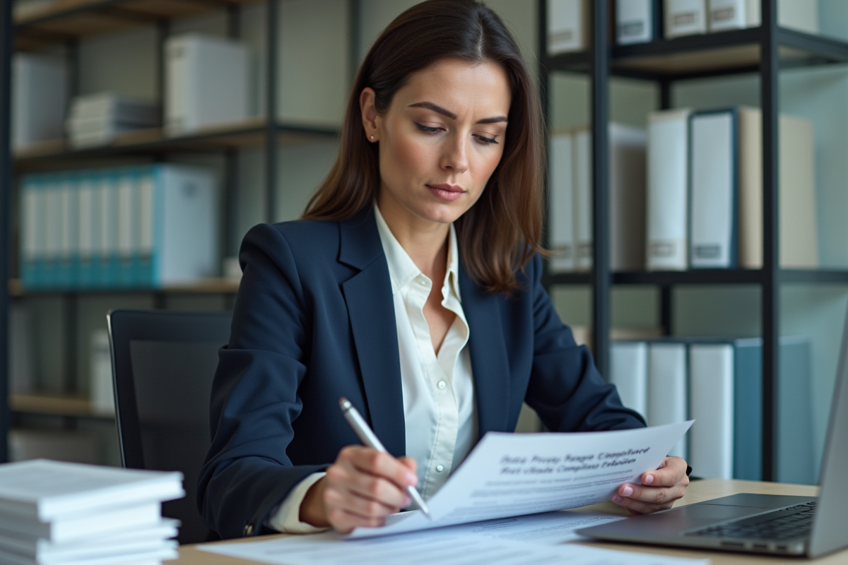 Femme professionnelle en réunion avec document loi 25