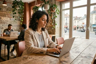 Femme travaillant dans un espace de coworking à Biarritz avec murs en pierre et plantes suspendues