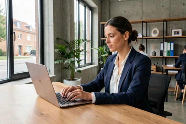 Femme travaillant dans un espace de coworking moderne à Villepinte avec un laptop sur un bureau en bois