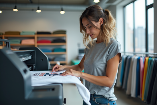 Femme inspectant un tshirt personnalisé dans un studio moderne