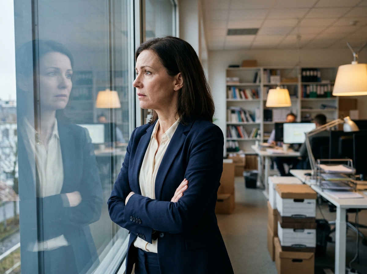 Femme chef d'entreprise pensive devant une fenêtre lors d'un processus de cession d'entreprise difficile