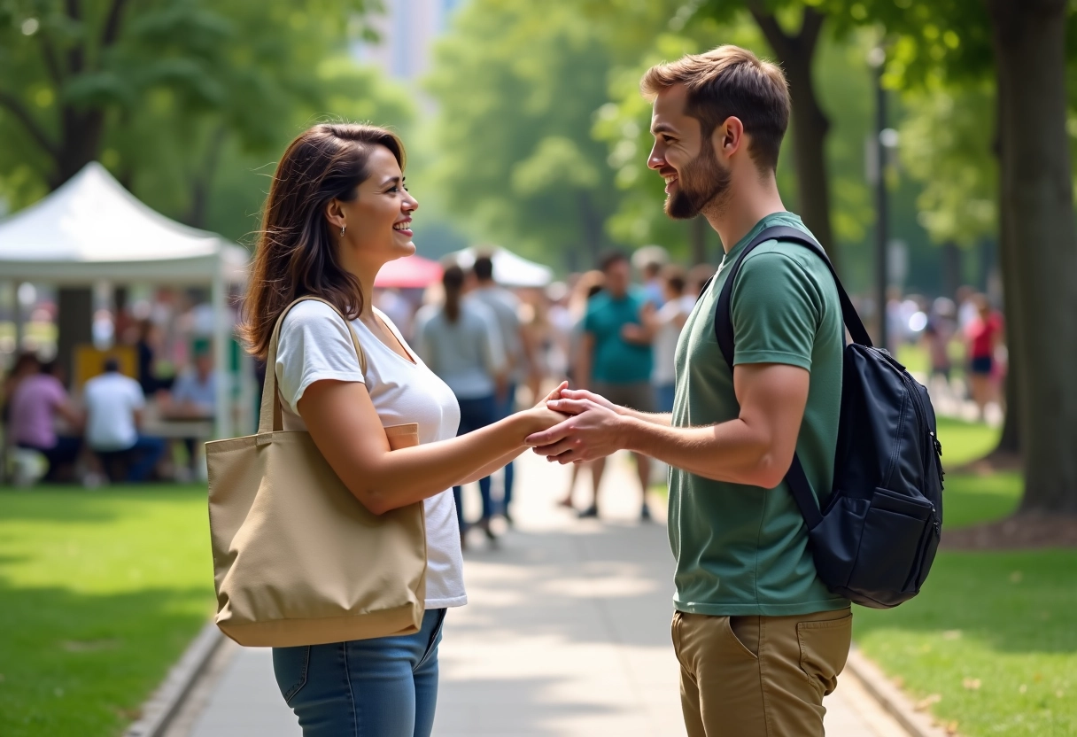 Femme offrant un sac écologique à un jeune homme