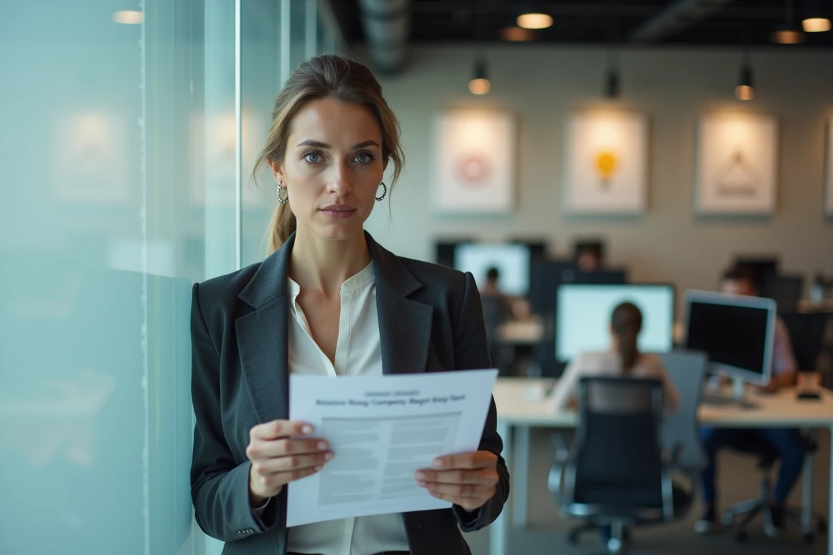 Femme d'affaires tenant un rapport de registre commercial dans un espace de coworking vide, exprimant un regard sceptique lors d'une enquête sur une entreprise suspecte