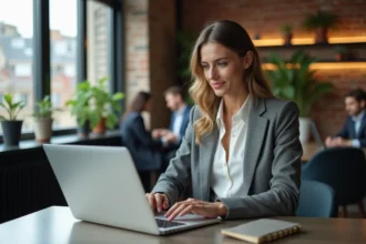 Femme entrepreneur française concentrée sur un portail d'aides régionales pour créateurs d'entreprise dans un espace de coworking moderne