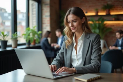 Femme entrepreneur française concentrée sur un portail d'aides régionales pour créateurs d'entreprise dans un espace de coworking moderne