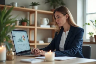Femme entrepreneur utilisant un outil de gestion d'entreprise Partylite My Business sur ordinateur portable dans un bureau à domicile organisé