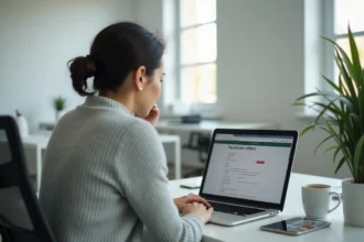Femme frustrée devant un écran d'erreur de connexion sur un logiciel de paie au bureau