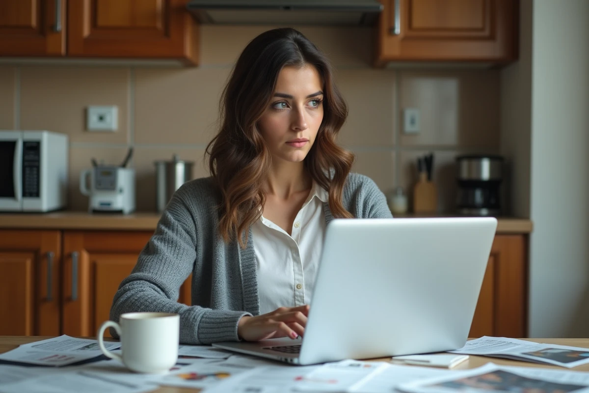 Femme sceptique analysant des articles en ligne