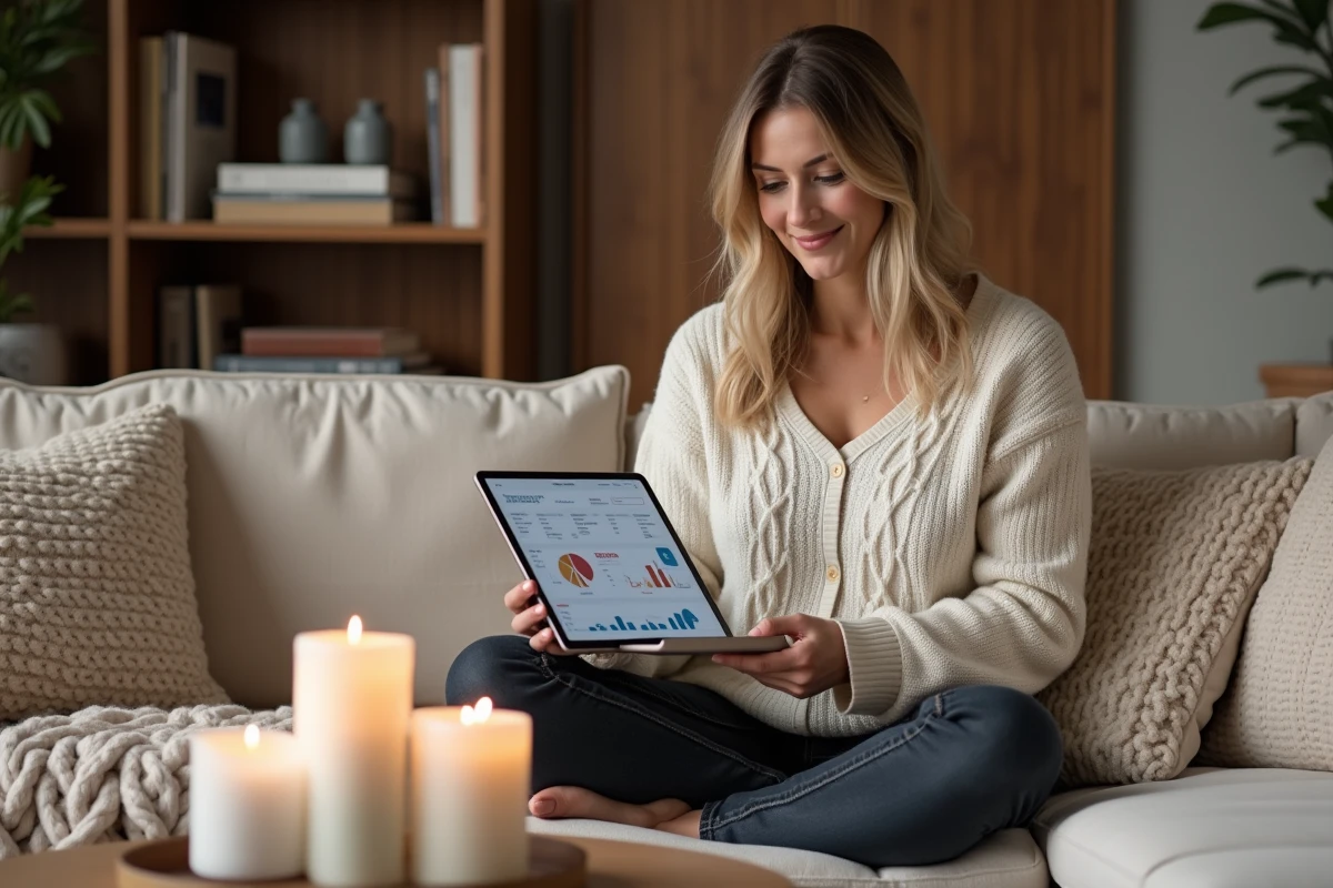 Femme indépendante consultant son tableau de bord Partylite My Business sur tablette depuis son salon, alliant vie personnelle et gestion d'entreprise