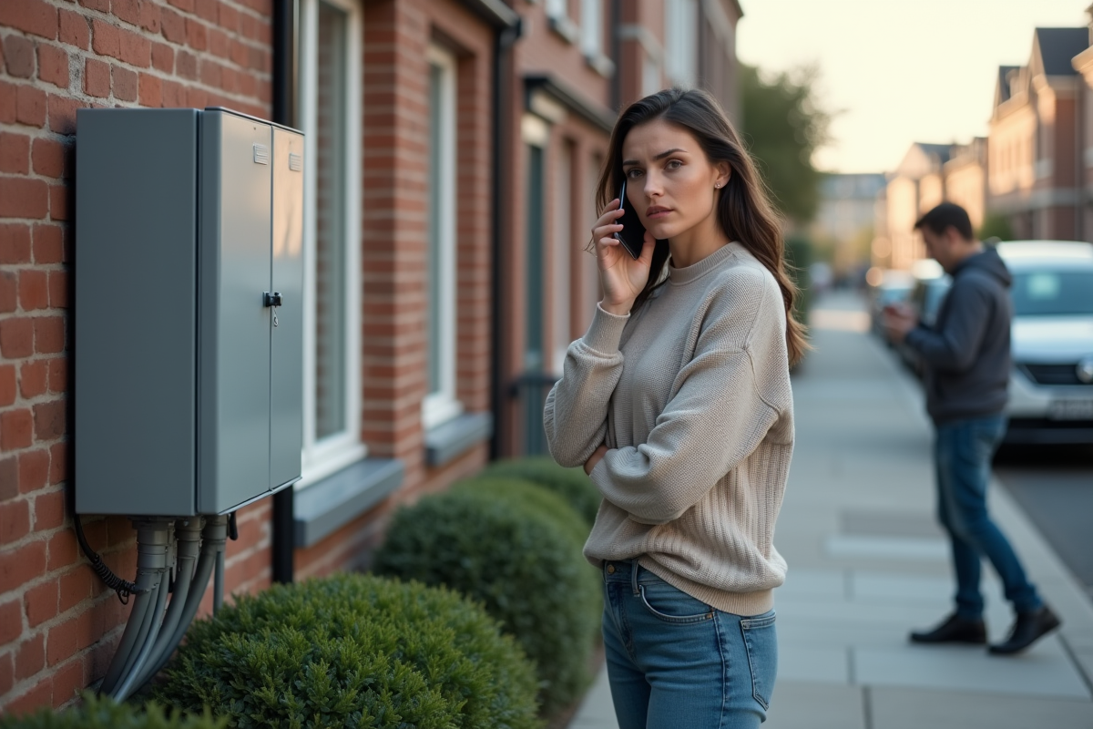 Jeune femme parle au téléphone près d une boîte fibre extérieure