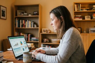 Femme utilisant un logiciel d'analyse financière sur ordinateur portable dans un bureau à domicile