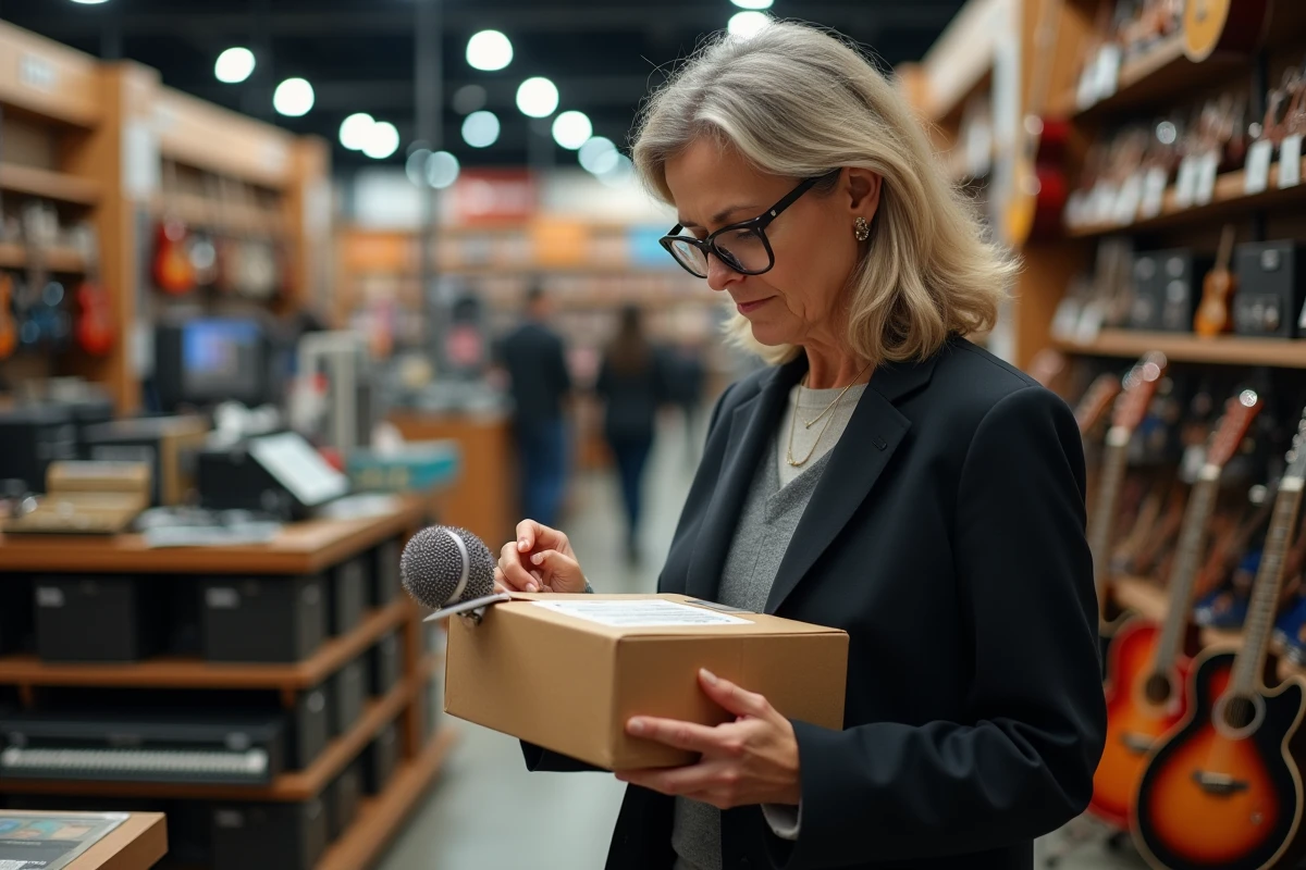 Femme dans magasin de musique examine micro