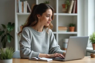 Femme parcourant un site de marques affiliées sur son ordinateur portable dans un bureau à domicile moderne