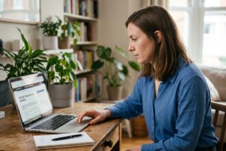 Femme concentrée naviguant sur un site éducatif à la maison