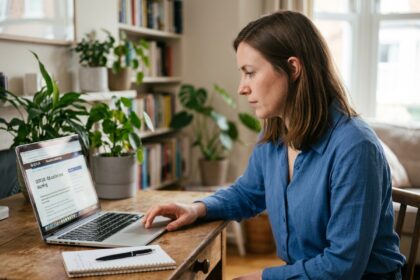 Femme concentrée naviguant sur un site éducatif à la maison