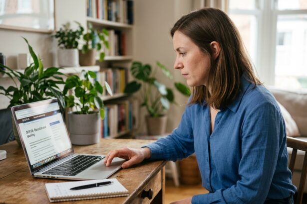 Femme concentrée naviguant sur un site éducatif à la maison