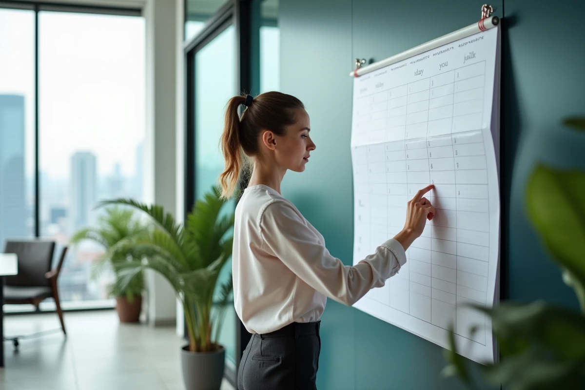 Jeune femme marquant des dates sur un calendrier mural au bureau