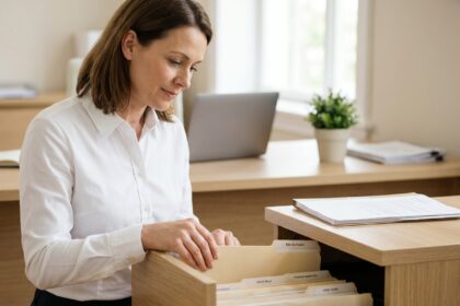 Femme professionnelle organisant des dossiers étiquetés dans un classeur de bureau moderne pour un archivage efficace