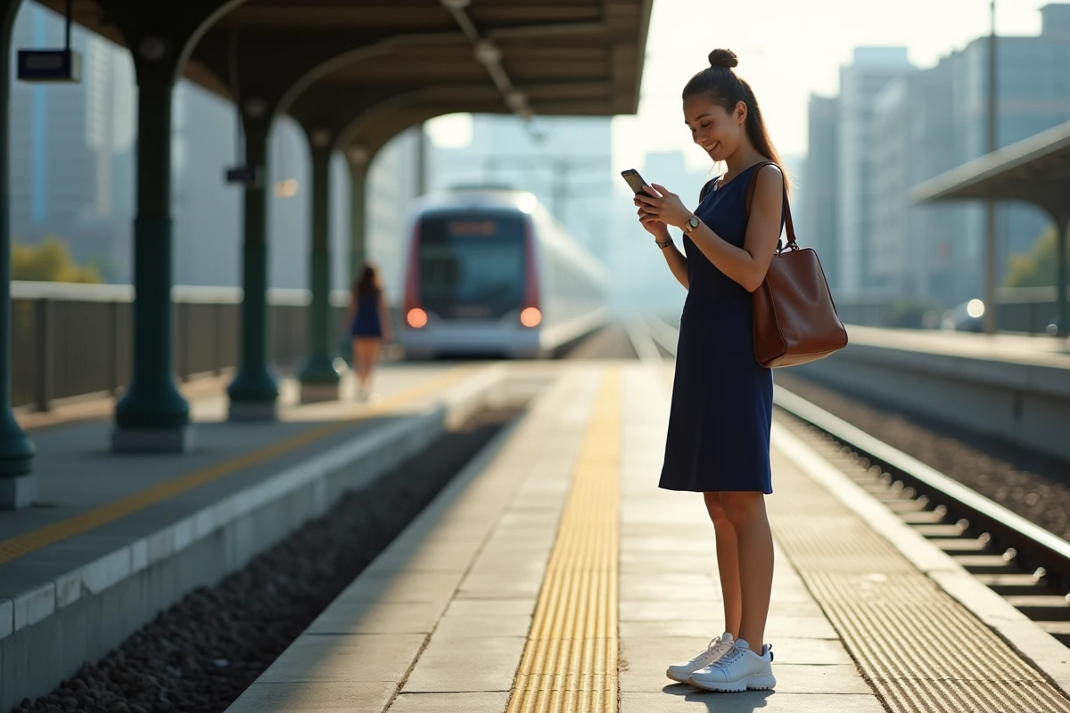 Femme sur plateforme de train vérifiant son agenda sur smartphone