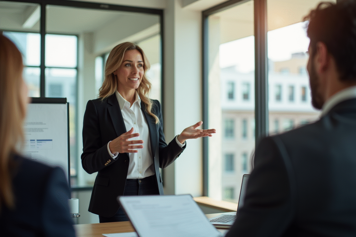 Femme confiante présentant un plan stratégique en équipe