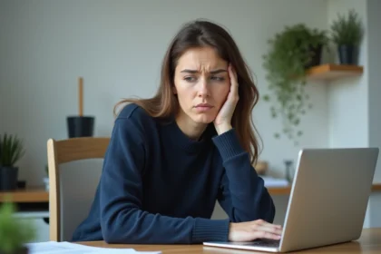 Femme frustrée devant son ordinateur portable essayant de récupérer un code d'activation perdu pour l'application My Arkevia