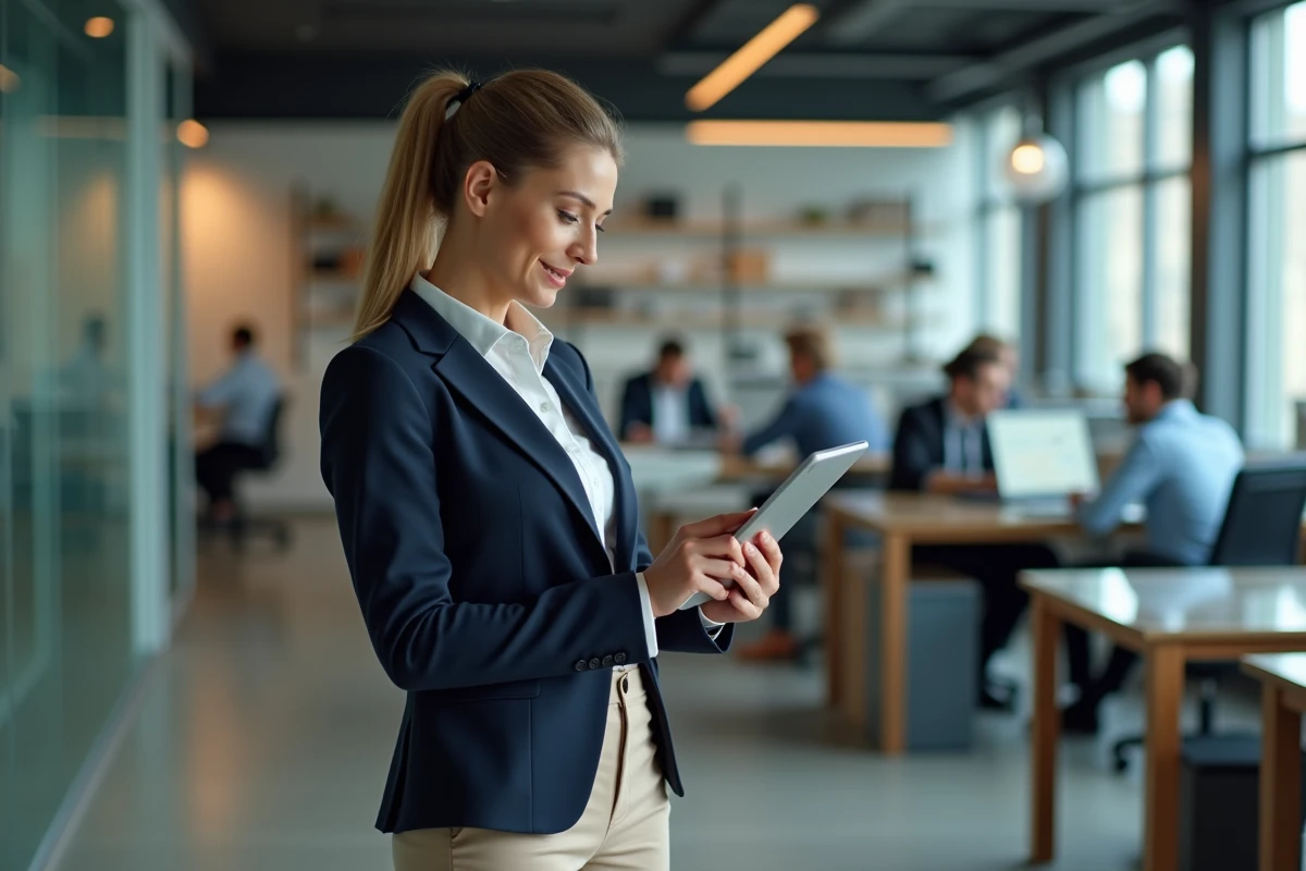 Femme professionnelle en bureau moderne avec tablette