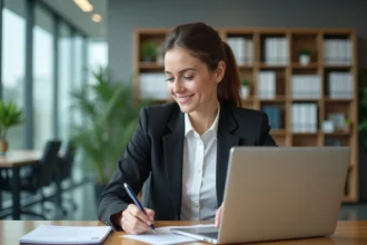 Femme professionnelle au bureau avec ordinateur et stylo