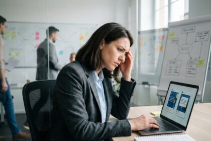 Jeune femme en bureau compare deux campagnes sociales