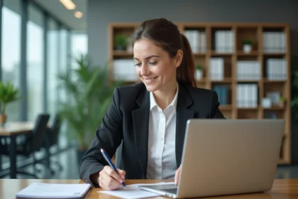 Femme professionnelle au bureau avec ordinateur et stylo