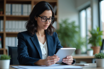 Femme d'affaires concentrée utilisant une tablette dans un bureau moderne