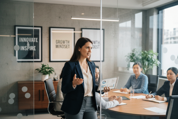 Femme en tenue professionnelle lors d'une réunion d'équipe
