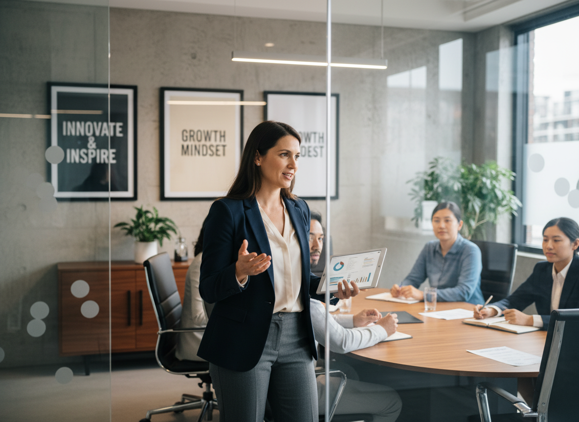 Femme en tenue professionnelle lors d'une réunion d'équipe