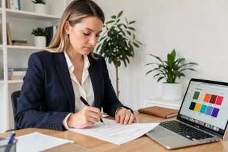 Femme professionnelle annotant un modèle de devis imprimé à son bureau pour l'adapter à son identité de marque